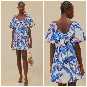 FARM Rio Blue Foliage Puffed Sleeve Mini Dress Floral Size Small